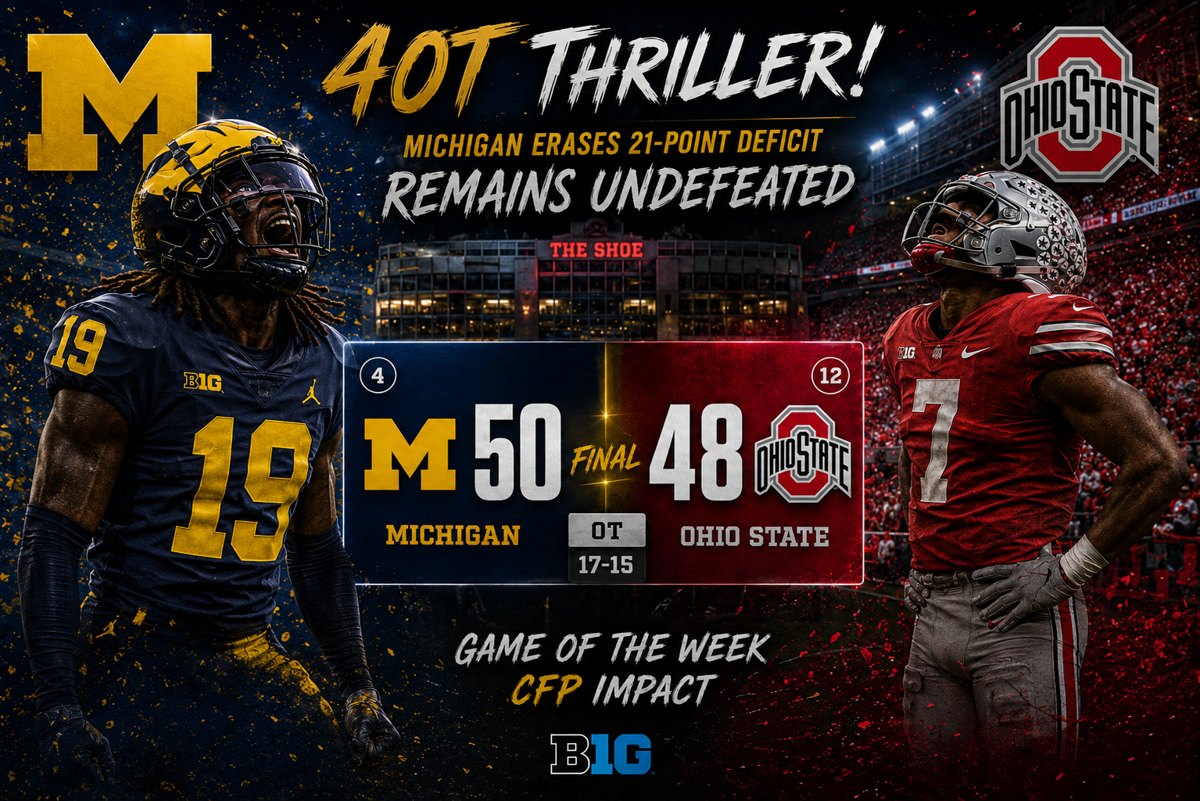 Michigan 50, Ohio State 48 in four overtimes — via Bowzer in #big-games